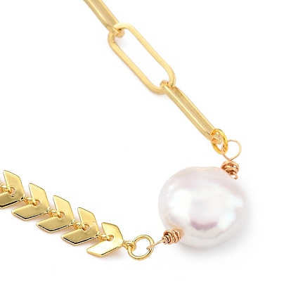 Natural Baroque Pearl Keshi Pearl Pendant Necklaces, with Brass Cobs Chains & Paperclip Chains, Flat Round