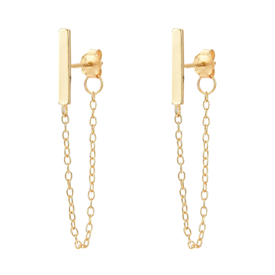 925 Sterling Silver Stud Earrings, with S925 Stamp, with Cable Chains, Rectangle