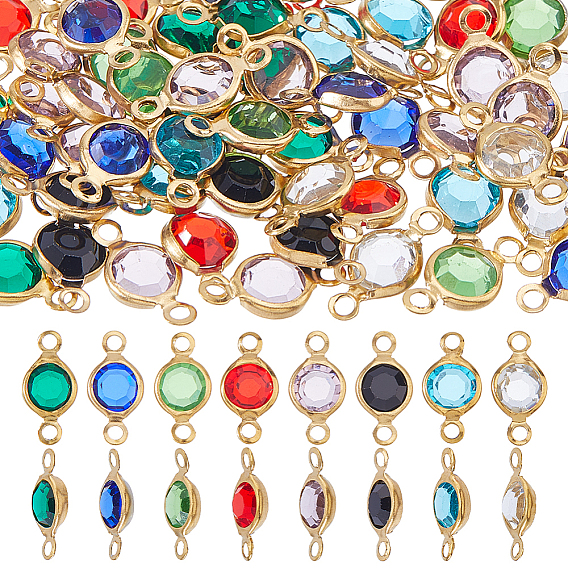 48Pcs 8 Colors 304 Stainless Steel with Glass Connector Charms, Flat Round Links, Golden