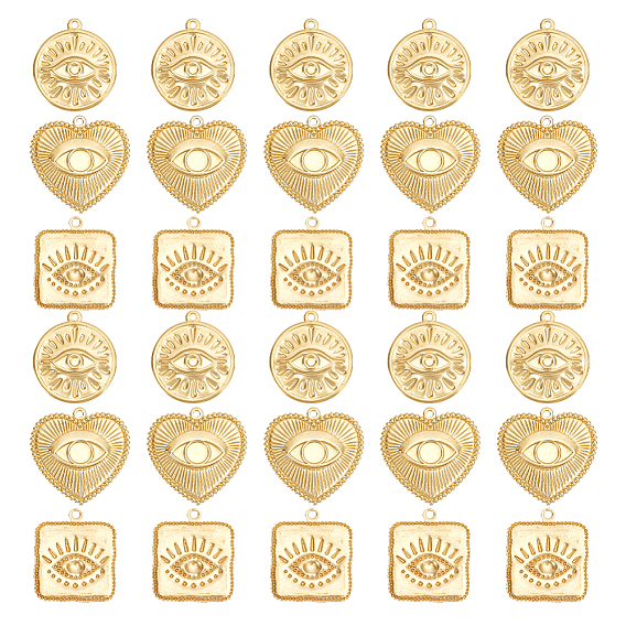 30Pcs 3 Style Brass Pendants, Flat Round & Heart & Square with Eye