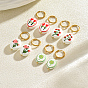 Hand Painted 201 Stainless Steel Hoop Earrings, Handmade Procelain Oval with Flower/Clover Pattern Dangle Earrings for Women, Gloden