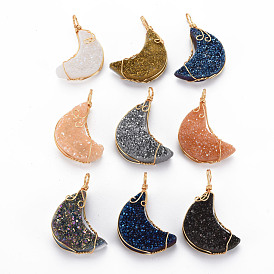 Electroplate Natural Druzy Agate Pendants, with Golden Brass Findings, Dyed, Moon