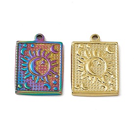 304 Stainless Steel Pendants, Rectangle with Sun & Moon Pattern Charms