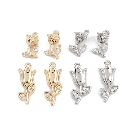 Brass Micro Pave Clear Cubic Zirconia Pendants, Flower Charms