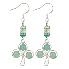 Natural Green Aventurine & Glass Beaded Clover Dangle Earrings, 304 Stainless Steel Wire Wrap Earrings