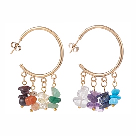 Natural & Synthetic Mixed Stone Chips Dangle Stud Earrings, 304 Stainless Steel Half Hoop Earrings for Women