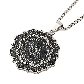 201 Stainless Steel Pendant Necklaces, with Enamel, Box Chain Necklaces, Mandala Flower