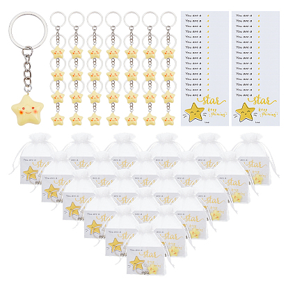 35шт. брелки в форме звезд из смолы, с железными кольцами и подарочными пакетами из бумажных карточек и органзы, платина