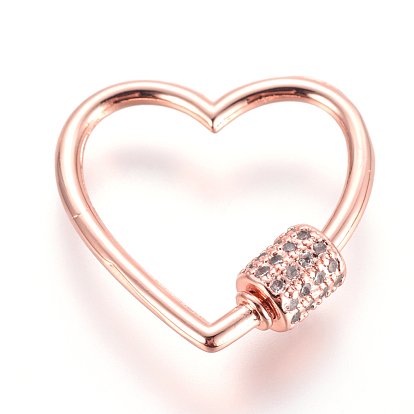 Brass Micro Pave Cubic Zirconia Screw Carabiner Lock Charms, for Necklaces Making, Heart