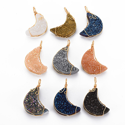 Electroplate Natural Druzy Agate Pendants, with Golden Brass Findings, Dyed, Moon