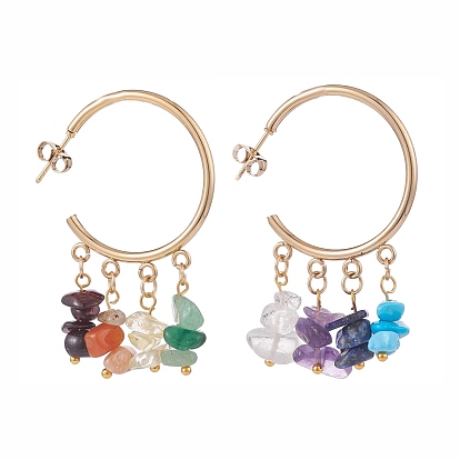 Natural & Synthetic Mixed Stone Chips Dangle Stud Earrings, 304 Stainless Steel Half Hoop Earrings for Women