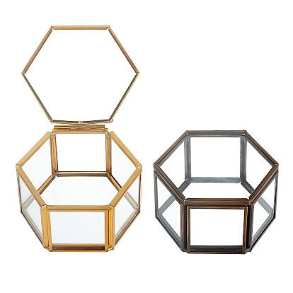 2Pcs 2 Colors Vintage Transparent Glass Jewelry Box, Jewelry Display Organizer Keepsake Box, Hexagon