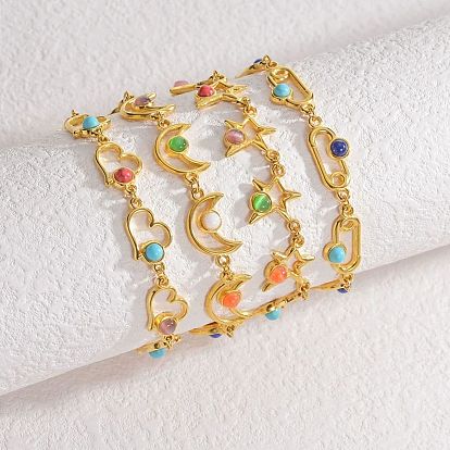 Стиль богема 304 браслеты из нержавеющей стали с цепочкой для женщин, с синтетическими бирюзовый, реальный 18 k позолоченный