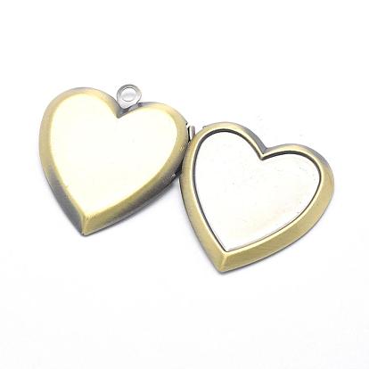 Brass Locket Pendants, Photo Frame Charms for Necklaces, Cadmium Free & Nickel Free & Lead Free, Heart