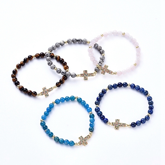 Round Natural Gemstone Stretch Beaded Bracelets, with Brass Micro Pave Cubic Zirconia Links, Brass Beads and Cardboard Boxes, Cross