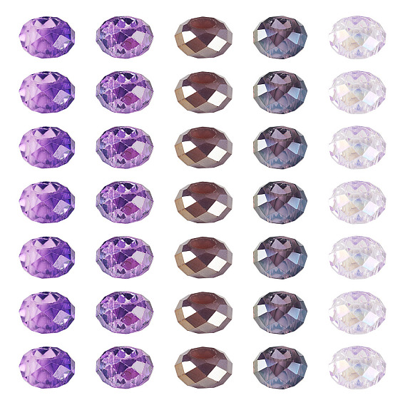 50шт. 5 цвета: фиолетовый, прозрачные стеклянные европейские бусины, бусины с большим отверстием, с покрытием AB цвета, граненые, рондель