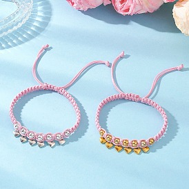 Сплав шарм браслеты, плетеные браслеты из латунных бусин для женщин, сердце, с полиэфирным кордом