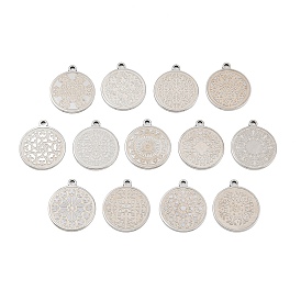 304 Stainless Steel Pendants, Flat Round with Flower Pattern Charms