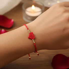 Adjustable Handmade Heart Adjustable Nylon Red String Bracelets with Brass Beads