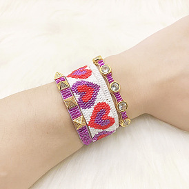 Double-layered Miyuki Heart Bracelet Set with Minimalist Zircon Rivet Inlay Beaded Bracelet