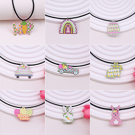 Красочный кулон в клетку из акрила с рисунком «Счастливой Пасхи» на черном вощеном шнурке для женщин