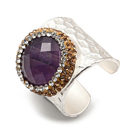 Natural Amethyst Flat Round Open Cuff Ring with Rhinestone, Brass Wide Ring for Women