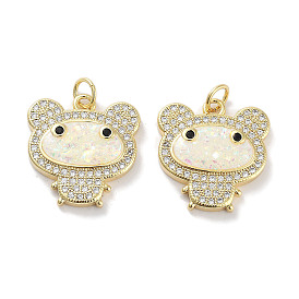Brass Micro Pave Clear Cubic Zirconia Pendants, with Synthetic Opal and Jump Rings, Real 18K Gold Plated, Bear Charms
