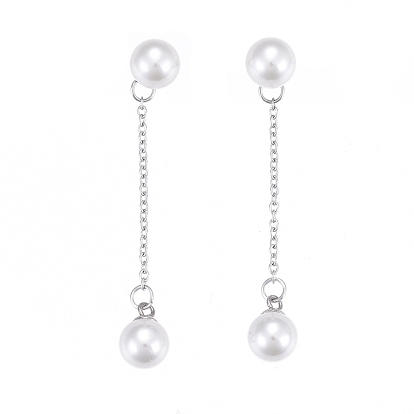304 Stainless Steel Chain Tassel Earrings, with Ear Nuts and Acrylic Imitation Pearl Beads, Round