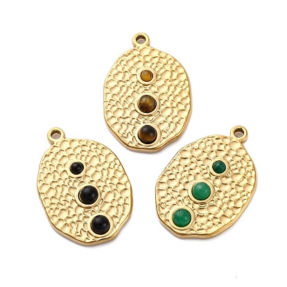 304 подвески из нержавеющей стали с натуральными драгоценными камнями, текстурированные овальные подвески, золотые