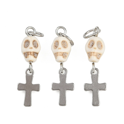 Подвески в виде черепа из синтетической бирюзы, окрашенные в стиле Хэллоуина, с 304 крестовиной из нержавеющей стали и открытыми соединительными кольцами, цвет нержавеющей стали