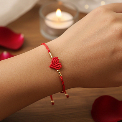 Adjustable Handmade Heart Adjustable Nylon Red String Bracelets with Brass Beads