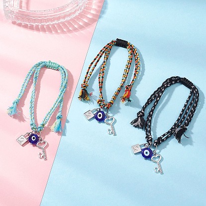 3шт. 3 цветов браслеты с подвесками из сплава и лэмпворка ручной работы, регулируемые плетеные браслеты из хлопкового шнура для женщин, дурной глаз, ключ и замок