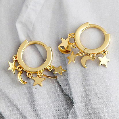 Pendientes de aro con forma de estrella y luna de plata de ley a la moda