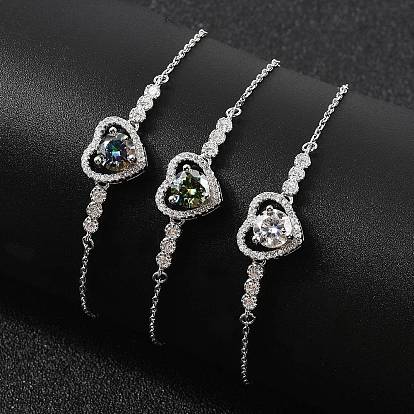 925 ссылка стерлингового серебра браслеты, браслеты-цепочки для женщин, сердце, с муассанитовым стразом