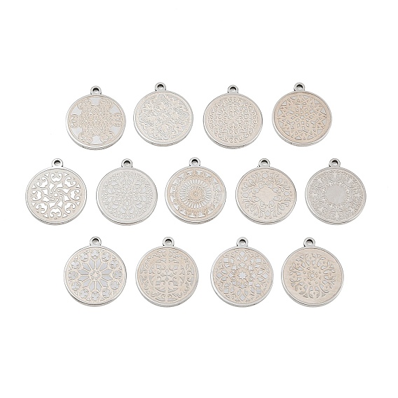 304 Stainless Steel Pendants, Flat Round with Flower Pattern Charms