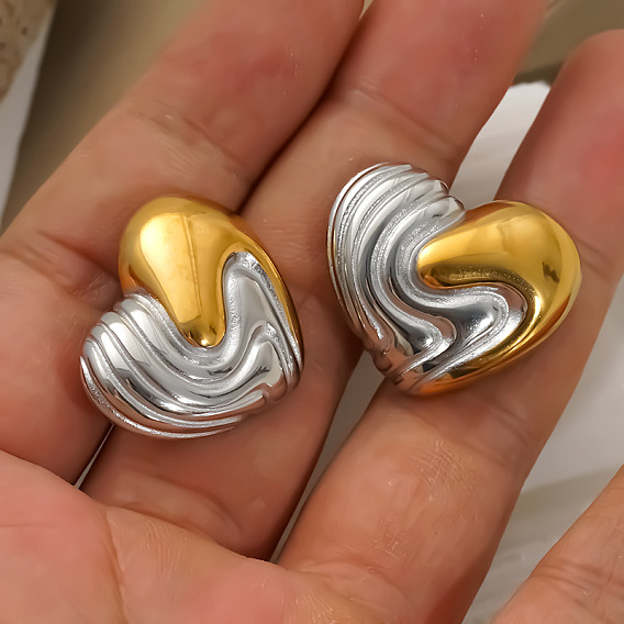 Two Tone 304 Stainless Steel Stud Earrings for Women, Heart