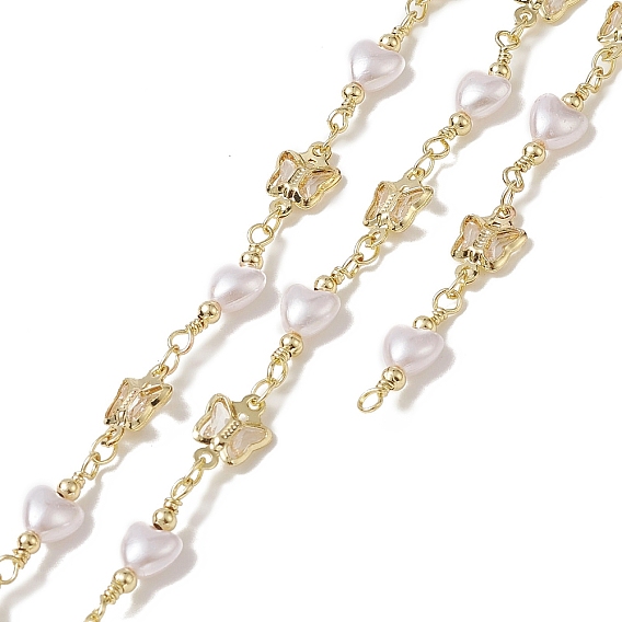 Rack Plating Brass Butterfly Link Chains, with Plastic Pearl Heart Beaded, Unwelded, with Card Paper