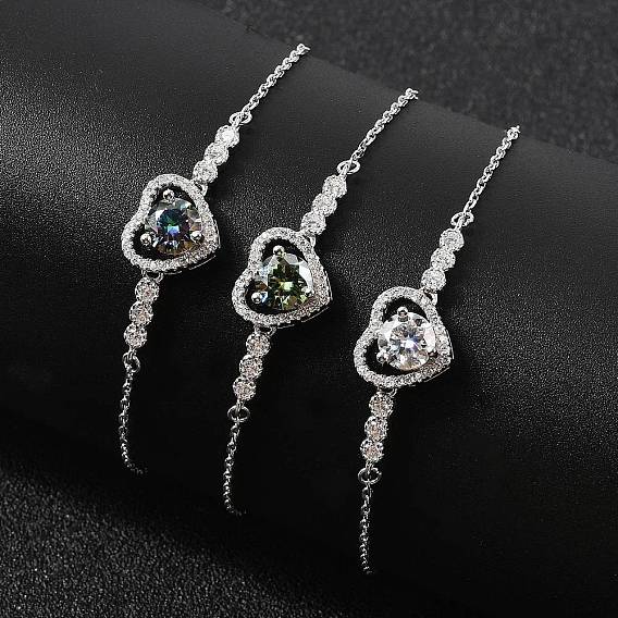 925 ссылка стерлингового серебра браслеты, браслеты-цепочки для женщин, сердце, с муассанитовым стразом