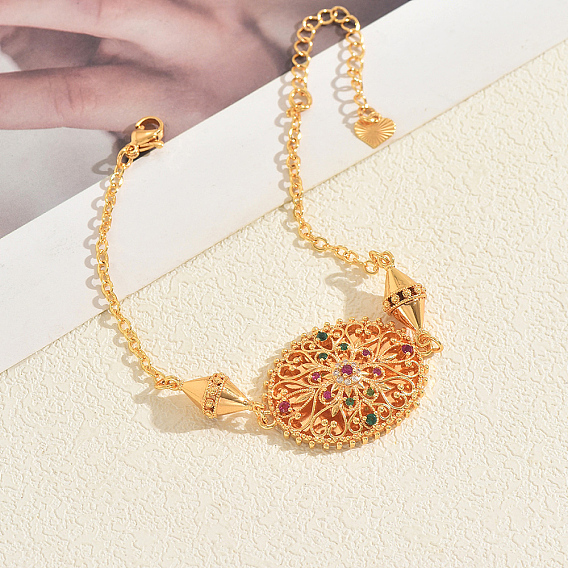 Браслеты из латуни в богемном стиле с микропаве из кубических цирконий, браслеты-цепочки для женщин, овальные с цветком