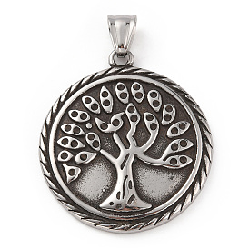 304 Stainless Steel Pendants, with 201 Stainless Steel Snap on Bails, Flat Round with Tree Charms