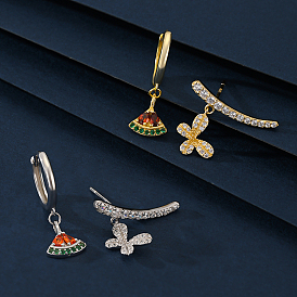 S925 Sterling Silver Butterfly & Fan Earring Sets, with Colorful Cubic Zirconia