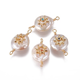 Natural Pearl Links Connectors, with Cubic Zirconia and Brass Findings, Flat Round with Sun