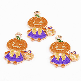 Light Gold Tone Alloy Enamel Pendants, Cadmium Free & Lead Free, Halloween, Pumpkin Jack-O'-Lantern