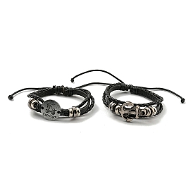 PU Imitation Leather Braided Cord Bracelets, Alloy Links Bracelets