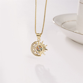 18K Gold Plated Copper Necklace with Colorful CZ Moon, Star, Sun and Flower Pendants for Women - Fashionable Jewelry