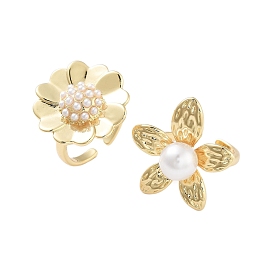 Rack Plating Flower Brass Open Cuff Rings for Women, with ABS Imitation Pearl, Cadmium Free & Lead Free, Long-Lasting Plated