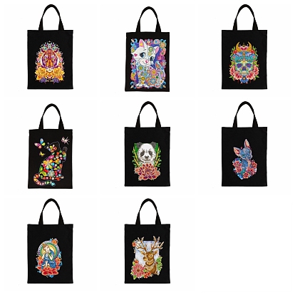 DIY Cat/Panda/Buddha/Skull/Christmas Deer/Tiger Pattern Diamond Painting Handbag Kits, including Rectangle Bag, Acrylic Rhinestones, Diamond Sticky Pen, Tray Plate and Glue Clay