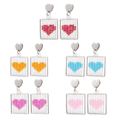 Серьги-гвоздики с подвесками в форме сердца из квадратного стеклянного бисера ручной работы, цвет нержавеющей стали
