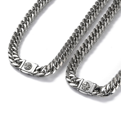 304 Stainless Steel Cuban Link Chain Necklaces with Skull Clasps