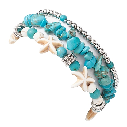 3Pcs 3 Style Synthetic Turquoise Chips & Starfish Beaded Stretch Bracelets Set, Stackable Bracelet with Alloy Turtle Charms